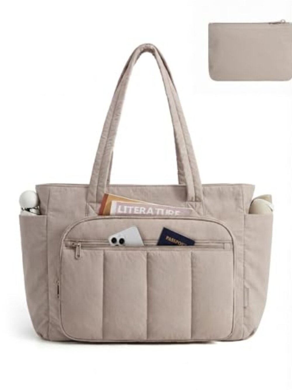 Quilted Nylon Tote Bag with Zipper, Makeup Pouch, Travel Work Gym Handbag